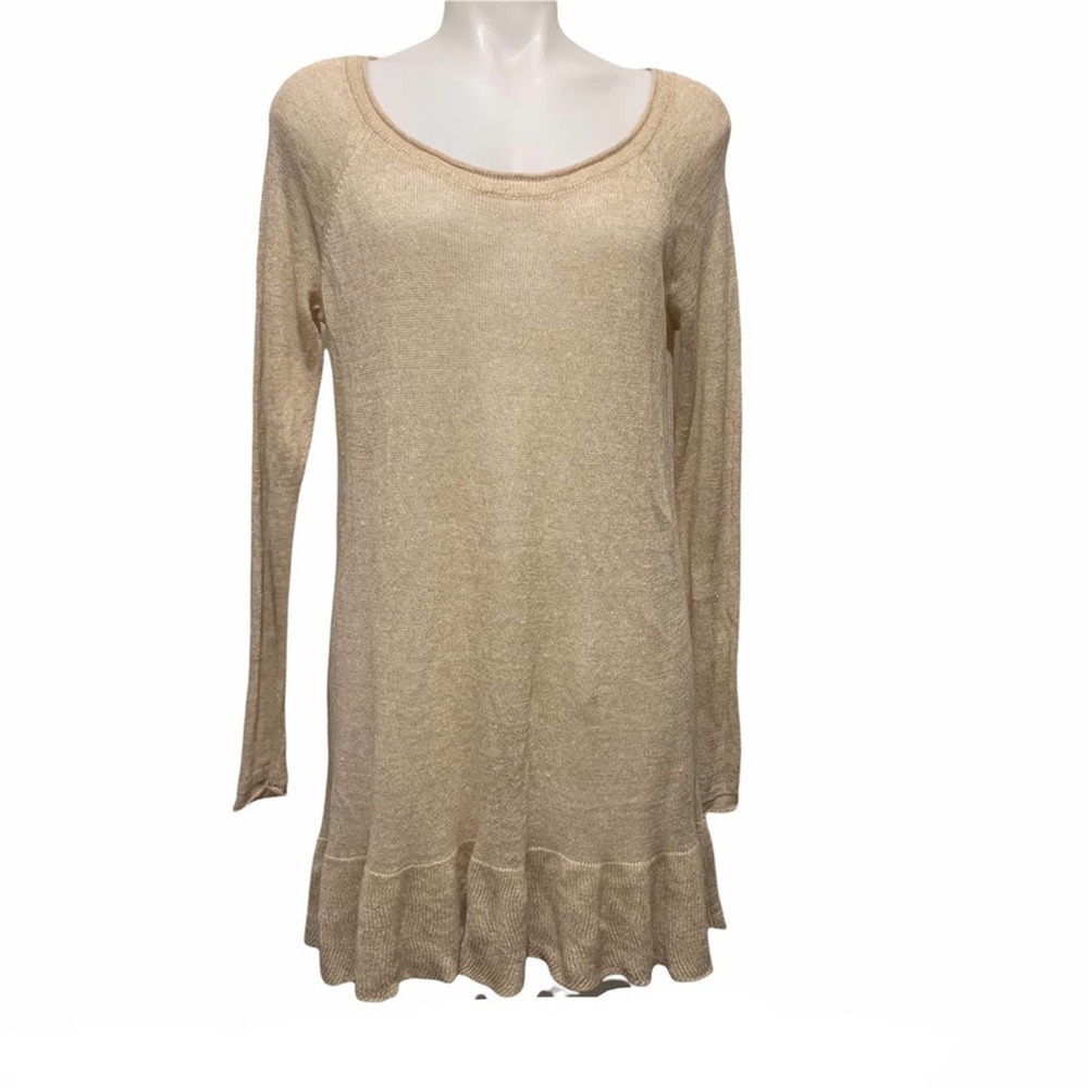 Free People Beach Cream Linen Sweater Tunic Length with Ruffle Size Small